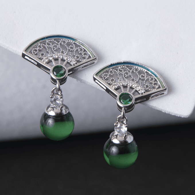 Silver Plated American Diamond Green Stud Earrings
