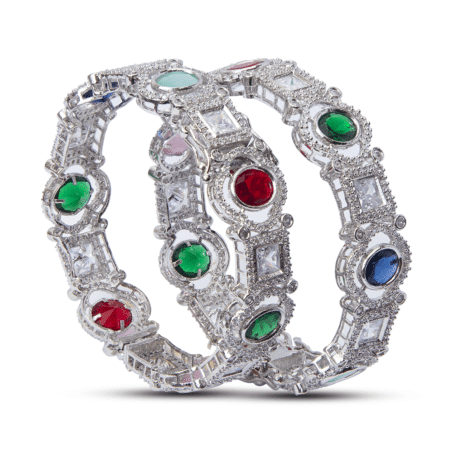 Rhodium Plated with Multicolor AD Studded Design Bangles