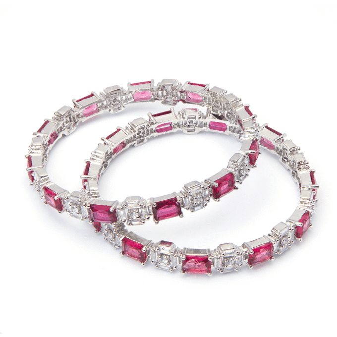 CZ AD Stone Rhodium Plated Bangles-2 Pc Set