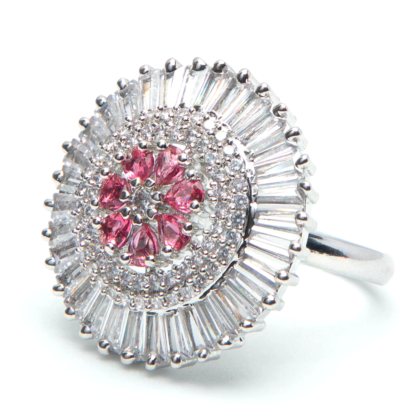 American Diamond Flower Shaped Ring with Pink Stones