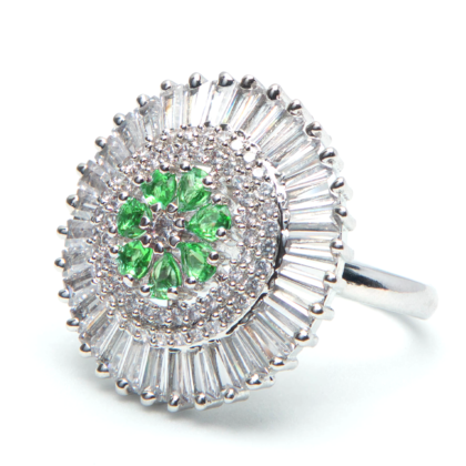 American Diamond Flower Shaped Ring with Green Stones