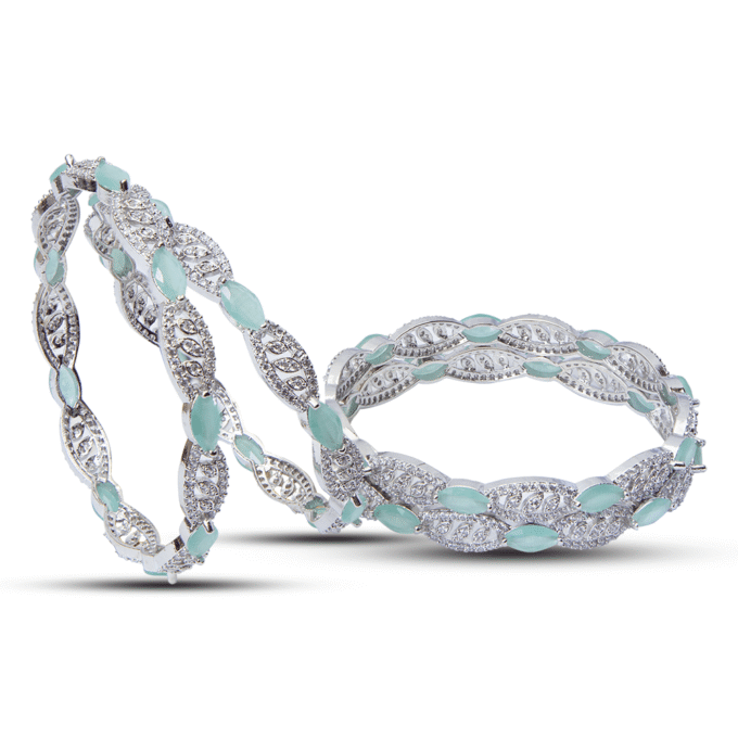 White Finish Faux Diamonds & Aqua Synthetic Stones Bangles