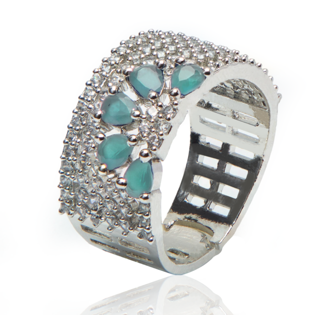 American Diamond Sea Green Blossom Finger Ring