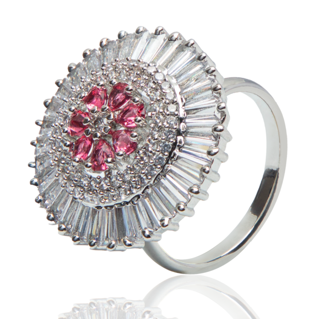 American Diamond Flower Shaped Ring with Pink Stones