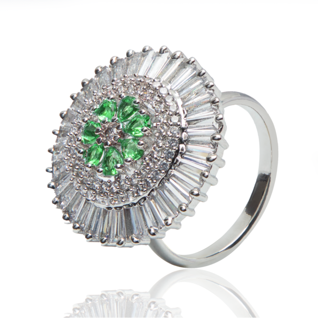 American Diamond Flower Shaped Ring with Green Stones