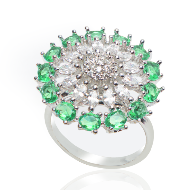 Green American Diamond & Silver Plated Adjustable Ring