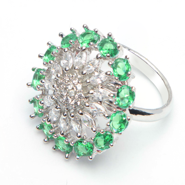 Green American Diamond & Silver Plated Adjustable Ring