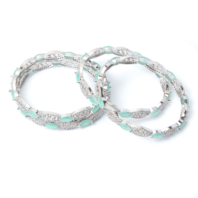 White Finish Faux Diamonds & Aqua Synthetic Stones Bangles