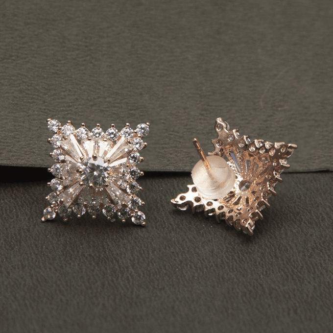 Square Flower Rose Gold Plated Zircon Earrings