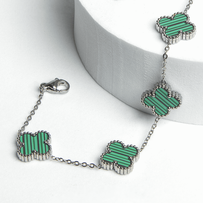JELLY Women's Steel Gold Color Green Enamel Clover Model Bracelet