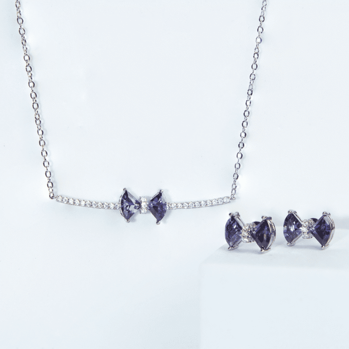 Silver-Plated Cubic Zirconia Studded Bow Shaped Necklace Set