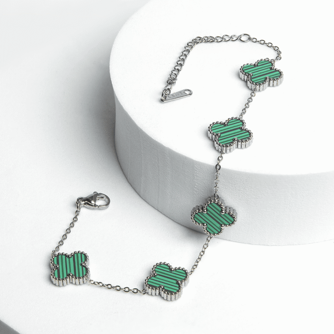 JELLY Women's Steel Gold Color Green Enamel Clover Model Bracelet