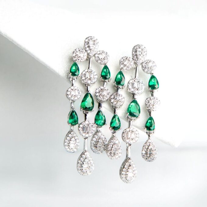 Pear Cascade Drop Earrings in Rhodium-plated Brass
