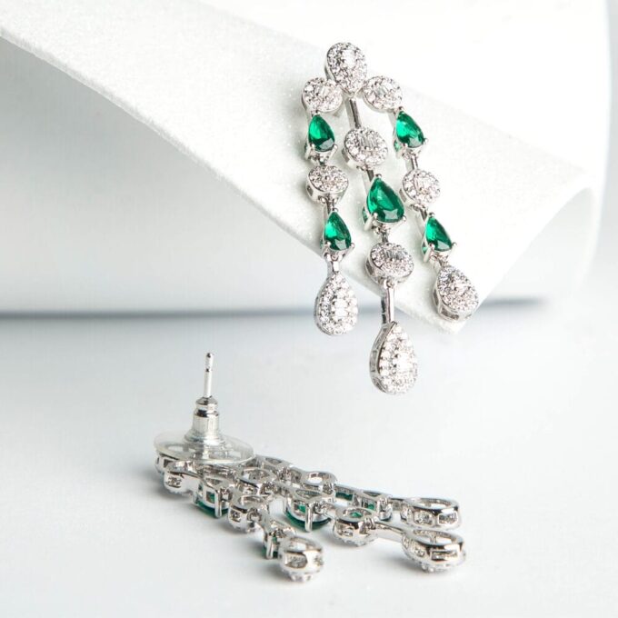 Pear Cascade Drop Earrings in Rhodium-plated Brass