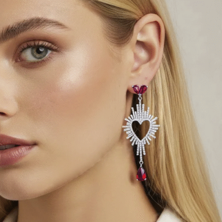 Rhodium plated Heart Shape Cubic Zirconia Earrings