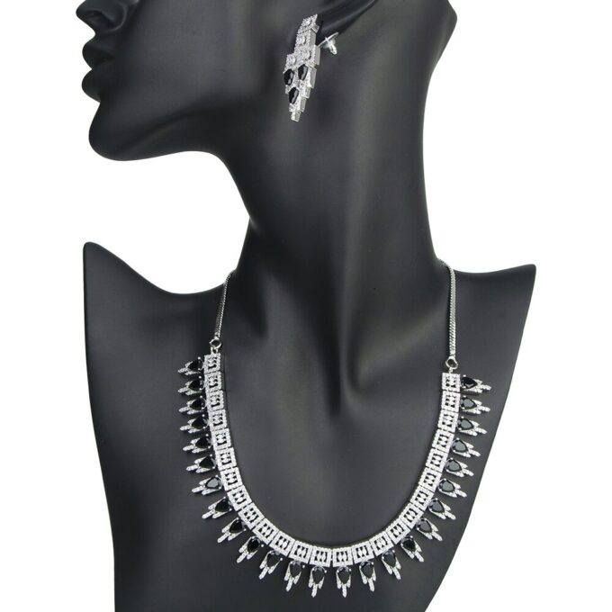 Black AD Stone Embellished Necklace With Earring Set