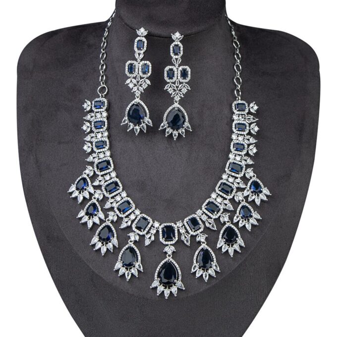 Celebrity Inspired Blue CZ Necklace With Earrings Set