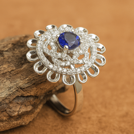 Silver Plated Blue American Diamond Studded Ring