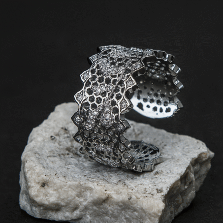 Retro Art Hollow Zircon Flower Rhodium Plated Ring
