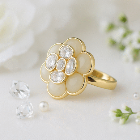 Gold Plated Rotating Floral Cubic Zirconia Finger Ring