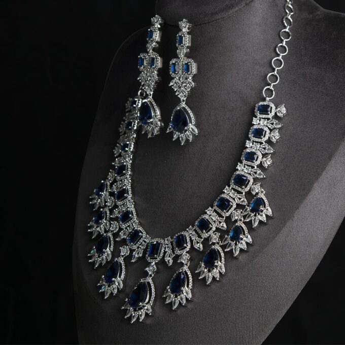Celebrity Inspired Blue CZ Necklace With Earrings Set