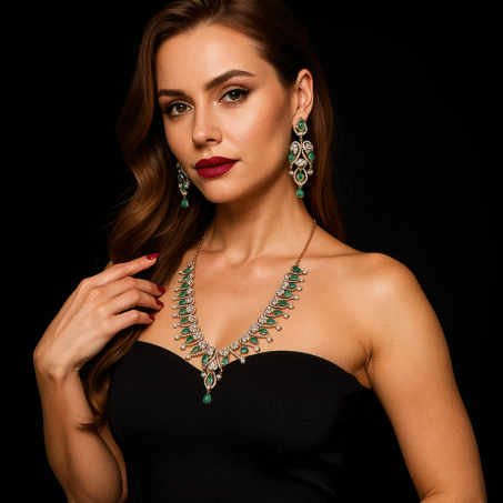 American Diamond Green Color Stone Rose Gold Necklace Set