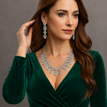 American Diamond Semi Precious Stone Necklace With Earring