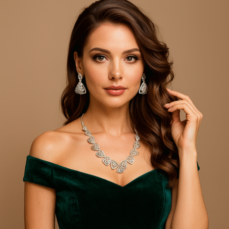 Silver Color American Diamond Necklaces & Earrings Set