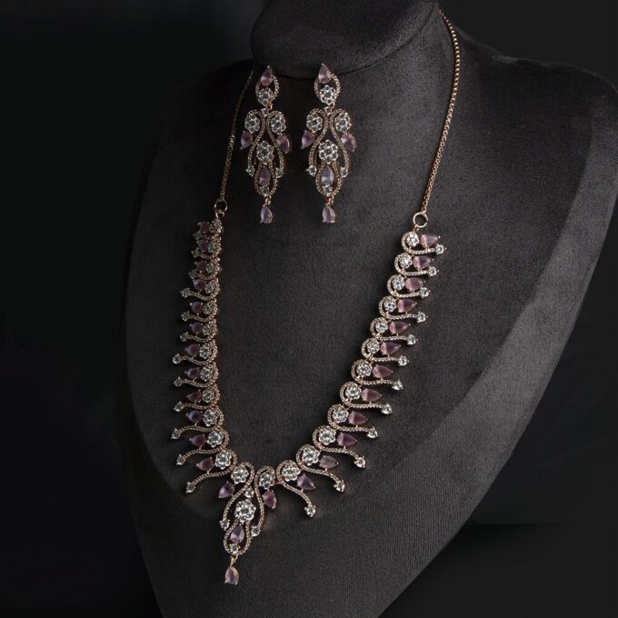 American Diamond Pink Color Stone Rose Gold Necklace Set