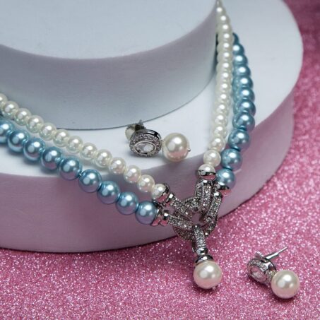 Elegant Blue shining Multi Layer Pearl Earring and Necklace Set