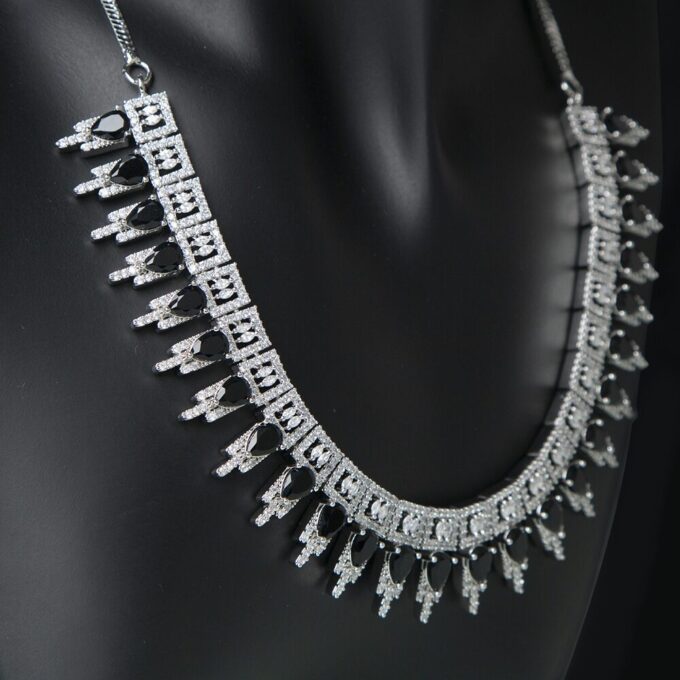 Black AD Stone Embellished Necklace With Earring Set
