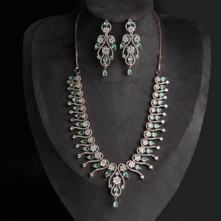 American Diamond Green Color Stone Rose Gold Necklace Set
