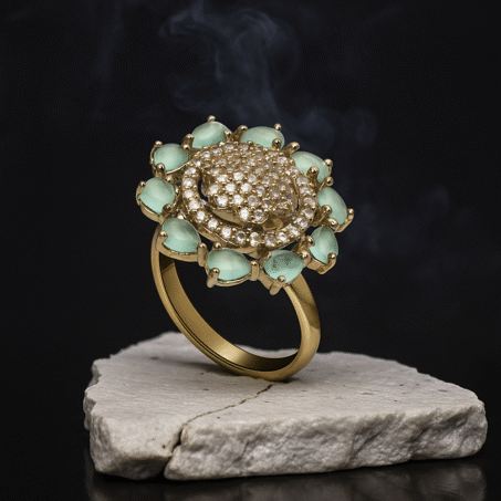 Gold Plated CZ-Studded Light Green Handcrafted Ring