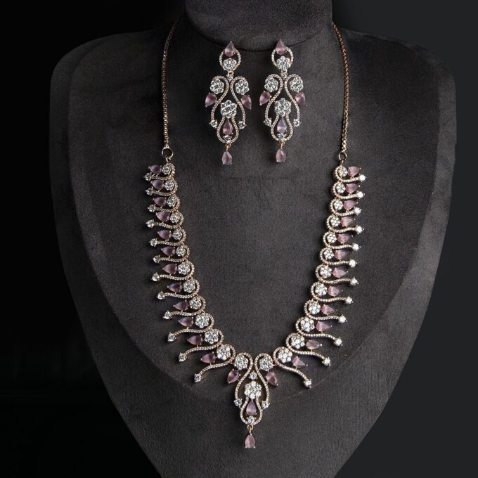 American Diamond Pink Color Stone Rose Gold Necklace Set