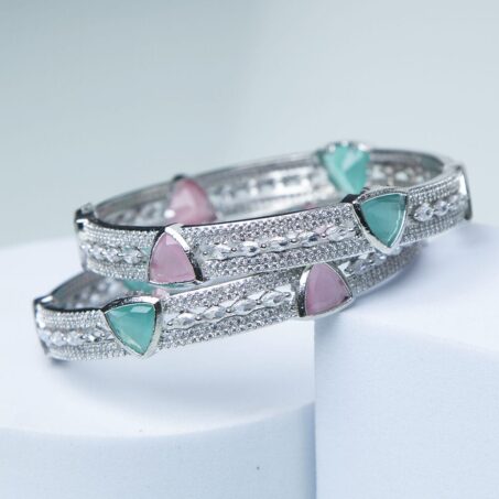 Rhodium Plated Glistening Mint Pink American Diamond Bangles