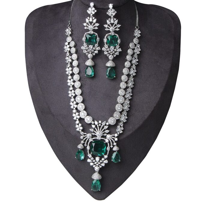 American Diamond Green 2 Layer Necklace With Earring Combo