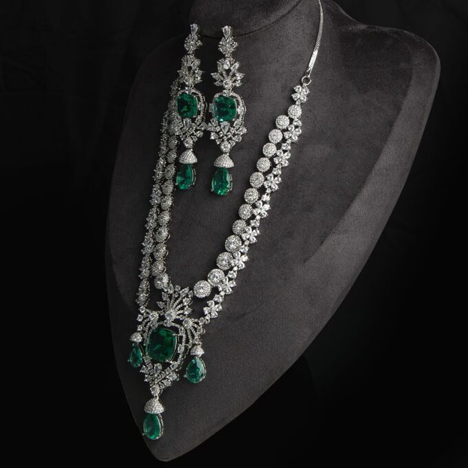 American Diamond Green 2 Layer Necklace With Earring Combo