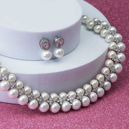 Stylish Two Layer Silver pearl jewelry deals Necklace set