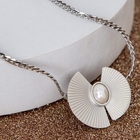 Rhodium Plated Pearl Pendant Fan Collar Necklace